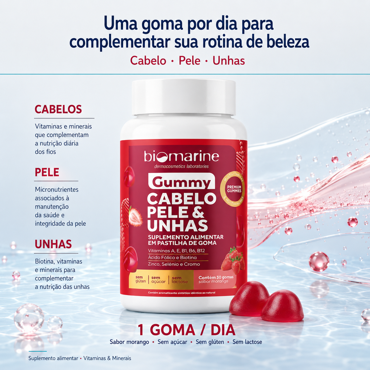 Gummy Cabelo, Pele & Unhas – Sabor Morango – 30 gomas