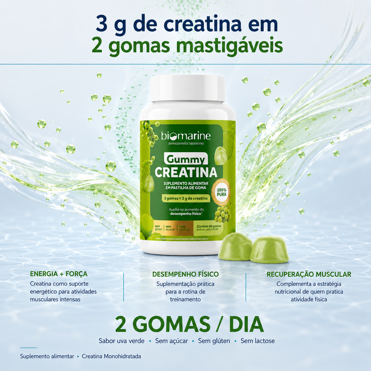 Gummy Creatina Pura 100% – Sabor Uva Verde – 60 gomas.