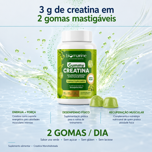 Gummy Creatina Pura 100% – Sabor Uva Verde – 60 gomas.
