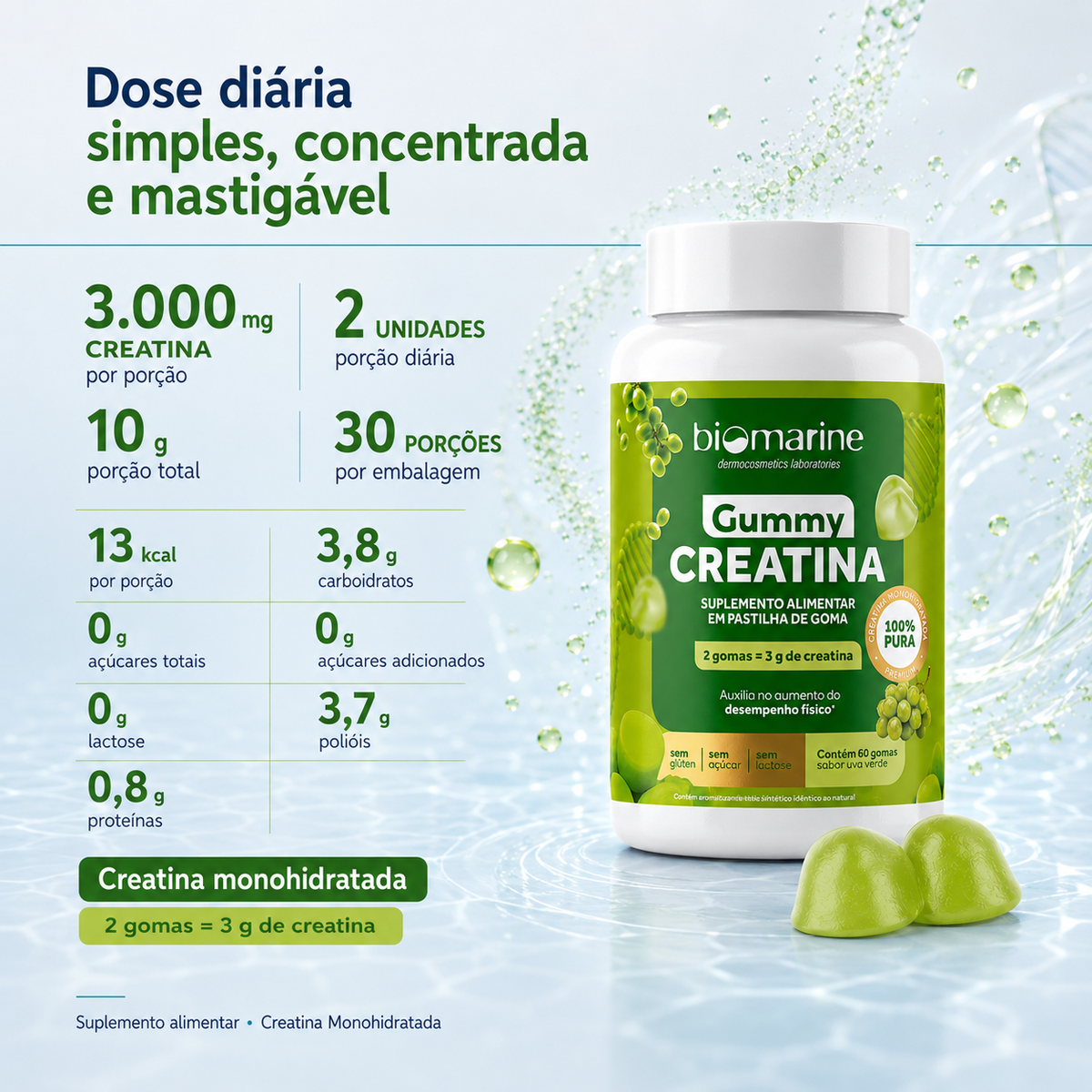 Gummy Creatina Pura 100% – Sabor Uva Verde – 60 gomas.