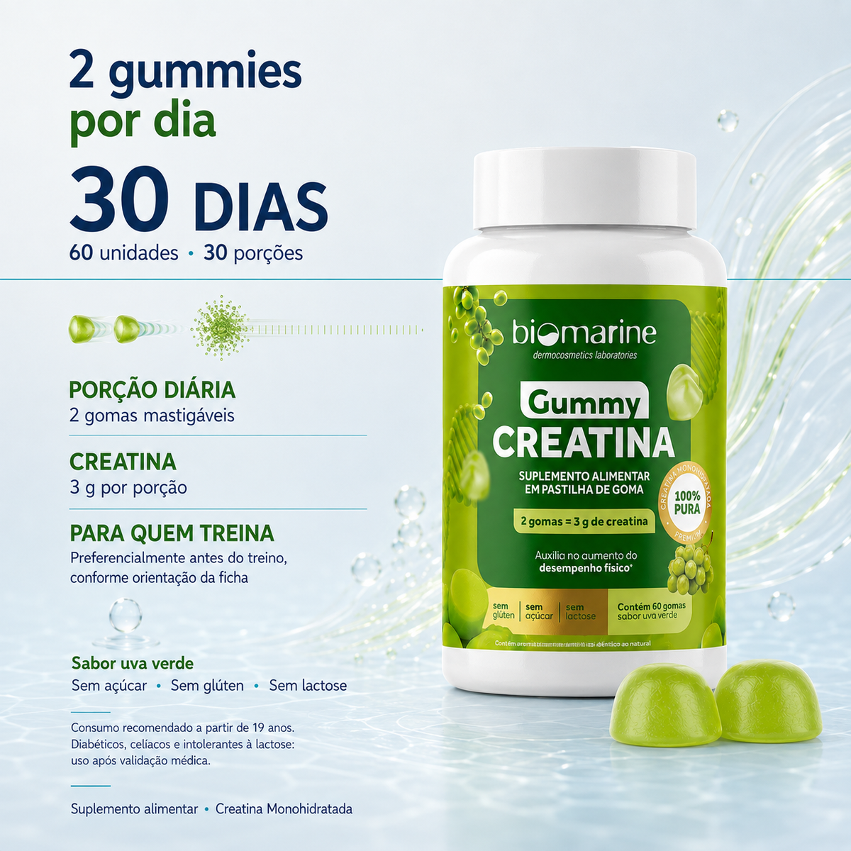 Gummy Creatina Pura 100% – Sabor Uva Verde – 60 gomas.