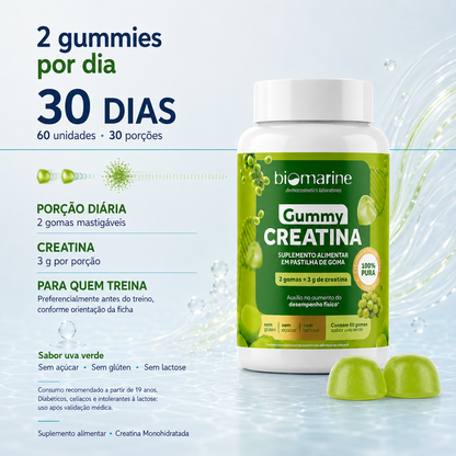 Gummy Creatina Pura 100% – Sabor Uva Verde – 60 gomas.